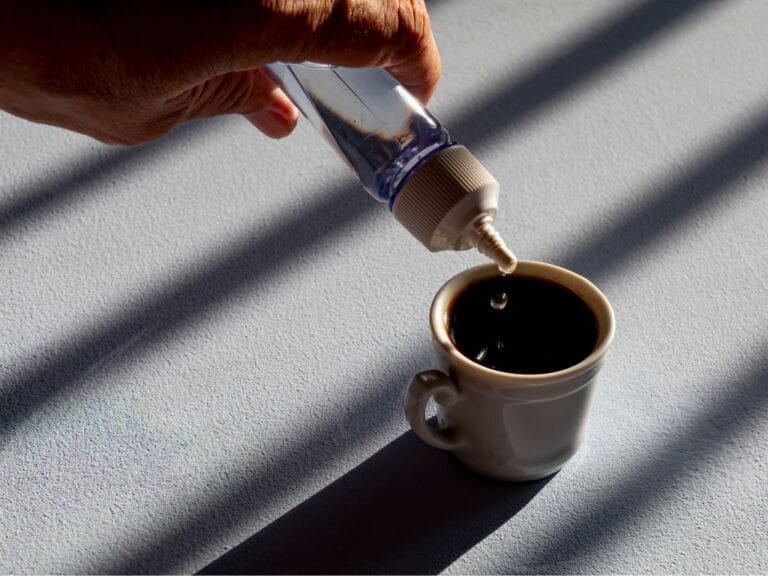 pessoa colocando adoçante de sucralose no café