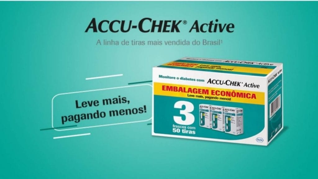 Imagem ilustrativa do kit de tiras Accu-Chek Active, que está em oferta no site da Farmadelivery.