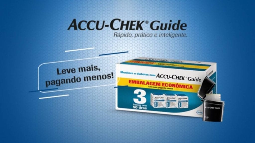 Imagem ilustrativa do kit de tiras Accu-Chek Guide, que está em oferta no site da Farmadelivery.