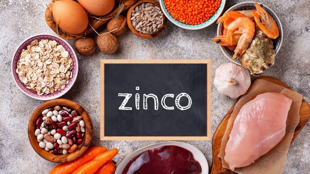 Imagem ilustrativa com os alimentos que fornecem Zinco, uma das vitaminas  essenciais para o cabelo.