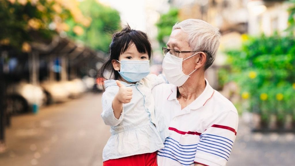 Idoso com criança no colo, os dois fazendo uso de máscara de proteção para evitar a contaminação de vírus e bactérias.