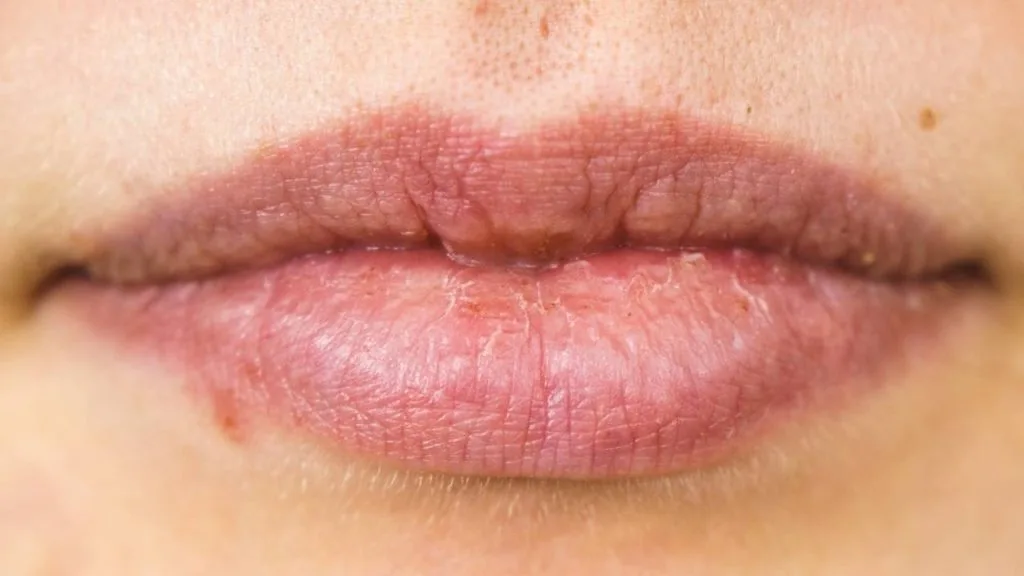 Pessoa com lábios rachados e ressecados devido o frio intenso.