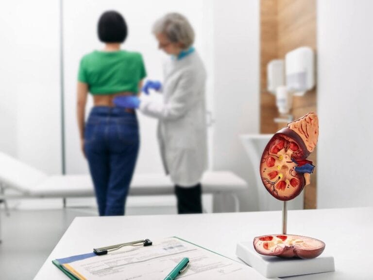 Médica examinando rim de paciente