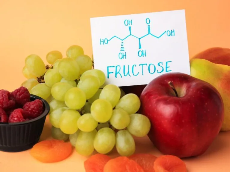 Frutas variadas com placa falando 'frutose'