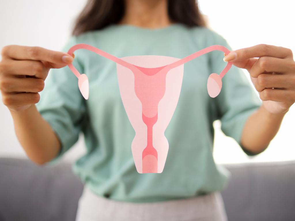 Mulher segurando representação do útero