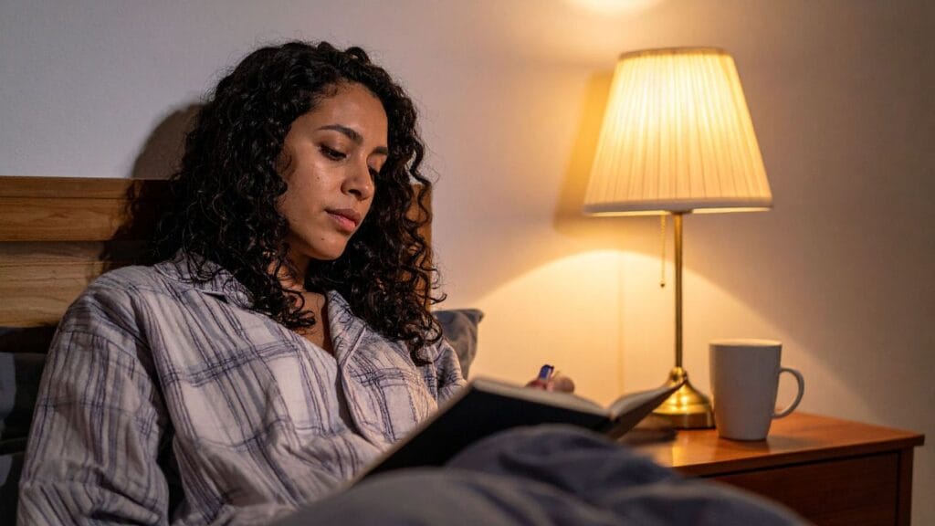 mulher lendo a noite na cama antes de dormir